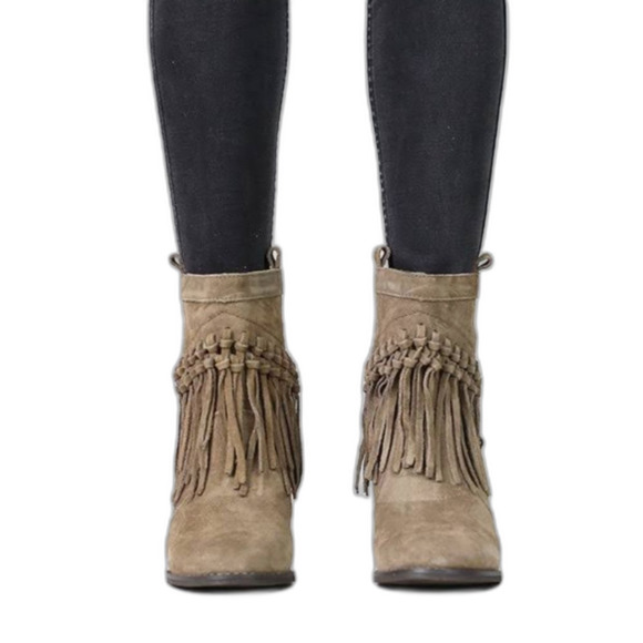 Sbicca Vintage Women's Booties Size 7.5 Tan Suede Fringe Western Ankle Boots - Picture 3 of 10